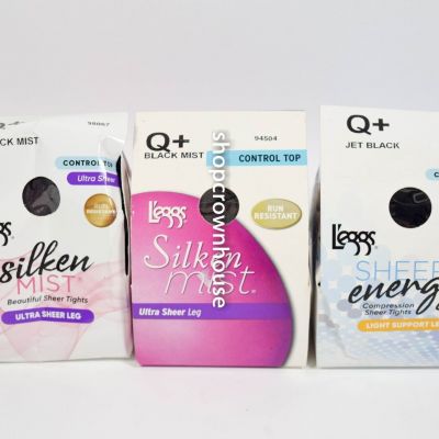 3 L'eggs Silken Mist ControlTop Sheer BLACK MIST/Sheer Energy JET BLACK Tight Q+