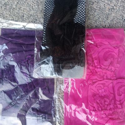 NIP Lot of 3 Grunge Stockings S/M  Thigh High  Black Fish Net Purple Pink Sheer