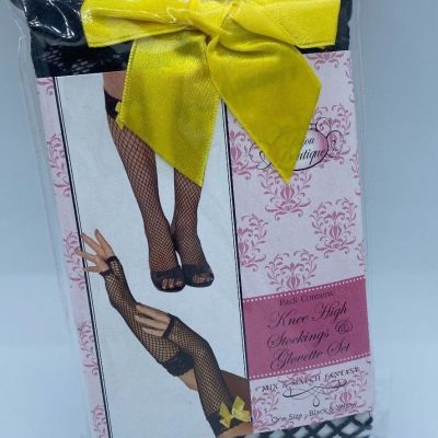 Black Knee High Stockings w Yellow Bow Glovettes Set - Sexy Bee Costume Fishnets