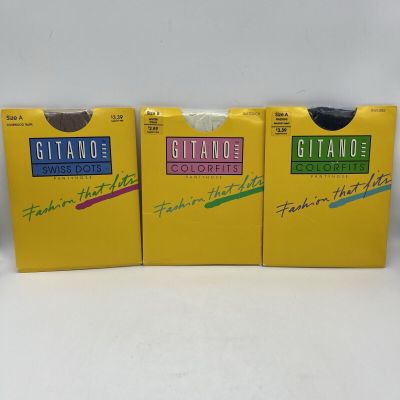 VTG Gitano Colorfits/Swiss Dots Pantyhose Size A-B Pinstripe Variety Lot Of 3