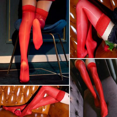 Women Seamless Oil Glossy Shiny Stocking Lace Top Thigh High Sheer Dance Socks