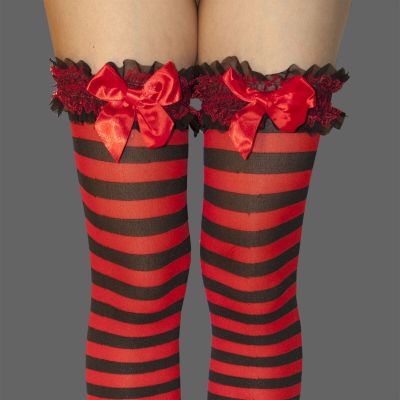 PARTY TIME  COSTUME   FANCY GARTER TOP BLACK RED STRIPE STOCKINGS THIGH HIGH NWT
