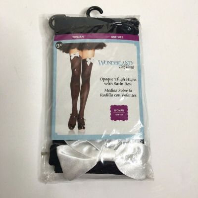 Wonderland Costumes Opaque Black Thigh Highs w/White Satin Bow One Size NEW