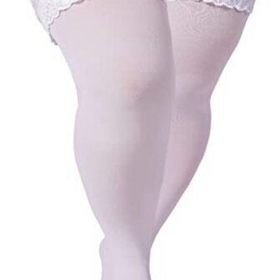 Plus Size Thigh High Stockings Women Sheer Lace Top Stay Up Pantyhose White