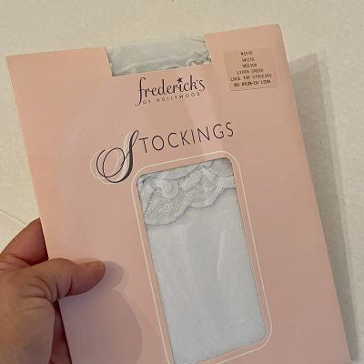 Frederick's of Hollywood Lace Top STOCKINGS, WHITE MEDIUM Lycra Sheer Sexy Bride