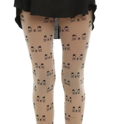 HOT TOPIC BLACK HEART FASHION ALL OVER WOVEN CAT FACE NUDE TIGHTS IN SM  ML NEW