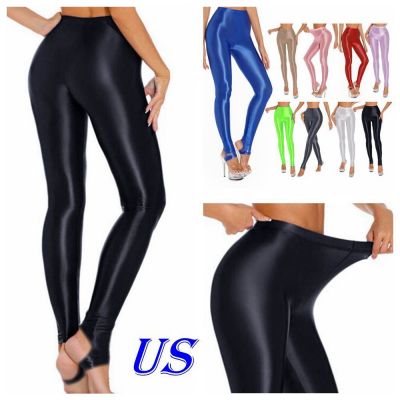 US Womes Oil High Waist Stretchy Tight Yoga Sport Workout Compression Long Pants