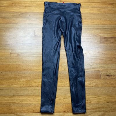 Spanx Women's Leggings Size Medium Black Metallic Faux Leather Pants Shiny