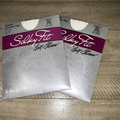 QUEEN CONTROL TOP PANTYHOSE LOT X 2 SILKY FIT WHITE NOS