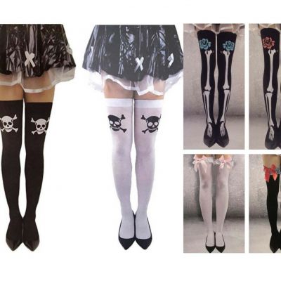 2 PAIR Sexy Thigh High Stockings Skull or Bows Black & White Cosplay Halloween