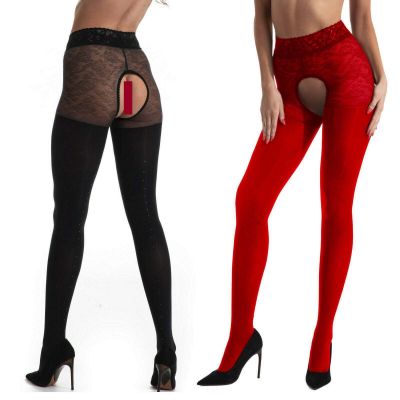 Amour Black Diamond 60/30D Jeweled Crotchless Fashion Tights  - Reg & Plus Sizes