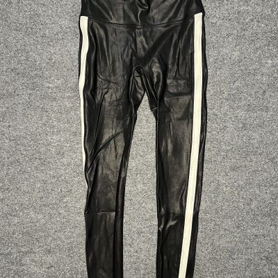 Spanx Faux Leather Stripe Leggings Sz S MSRP $110 Black White Stripe Full Length