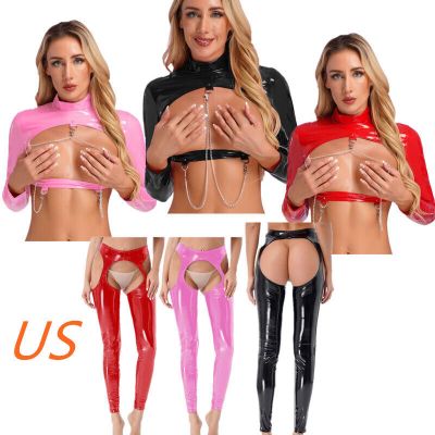 US Womens Patent Leather Lingerie Set Wet Look Blouse Pants Crop Top Clubwear