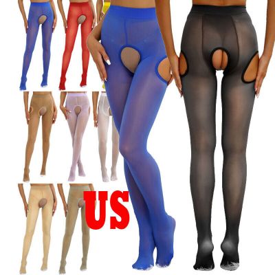US Women's High Waist Glossy Wet Look Footed Tights Zipper Yoga Pants Lingerie