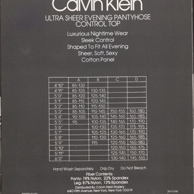 CALVIN KLEIN ULTRA SHEER EVENING PANTYHOSE – Style 620, Size A, Ivory