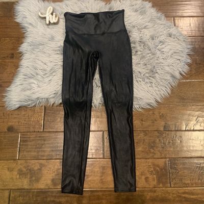 SPANX Leggings Womens Large Black Faux Leather Compression Glossy Coated 2437
