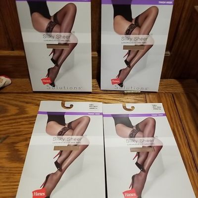 Hanes Solutions Thigh High Stockings Buff Beige Large Silky Sheer Lace Top New