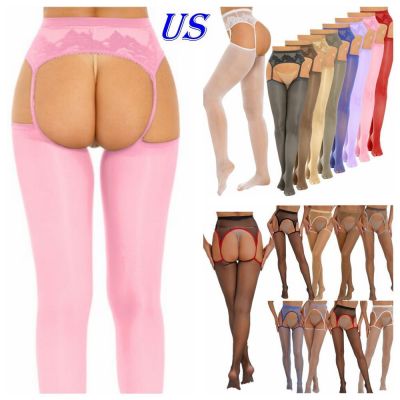 US Women High Waist Crotchless High Tights Lace Pantyhose Stockings Clubwear
