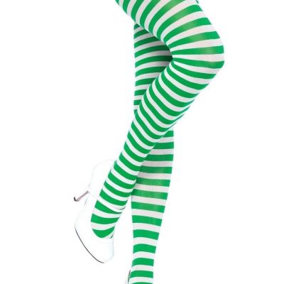 Music Legs 7471 One Size Green-White Opaque Striped Pantyhose Tights #3753