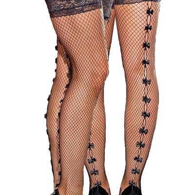Womens Fishnet Thigh Highs Bow Back Seam Stay Up Stockings Black One Size OS