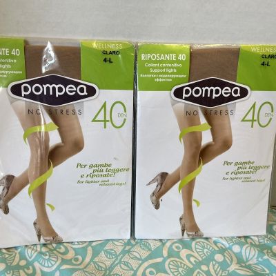 2 pair Pompea No Stress support tights size 4-L 40 Denier Claro large