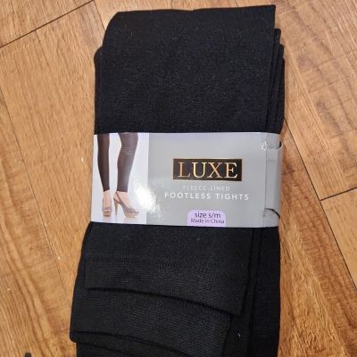 1 Pair Luxe Fleece Lined Footless Black Tights S/M New With Tag