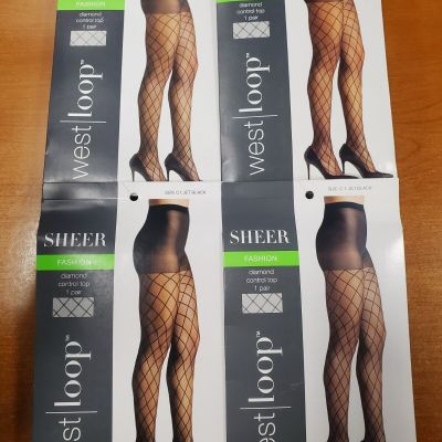 4 Pairs: Sheer Diamond Fishnet Pantyhose Control Top Jet Black *Size C* (AE1877)
