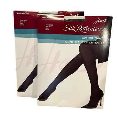 NWT Hanes Silk Reflections Control Top Opaque Tights #0A923 Navy CD - Lot of 2