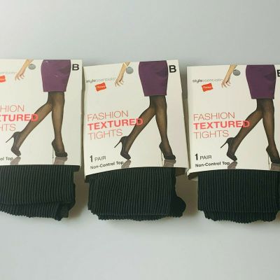 2X Hanes Fashion Textured Ribbed Tights, Size B, Non-Control Top, Black