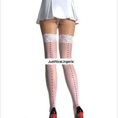 Leg Avenue- Sheer Lace Top Stockings with Printed Love Heart Backseam -One Size