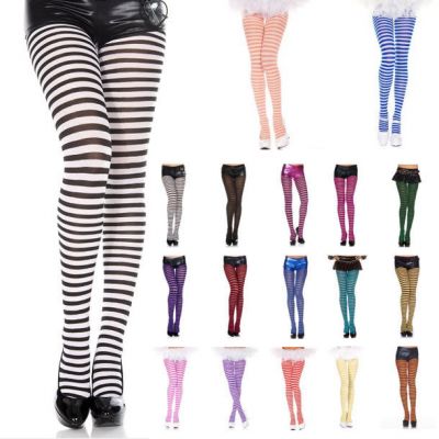 2 Color Opaque Thin Striped Horizontal Bright Costume Tights Full Pantyhose OS