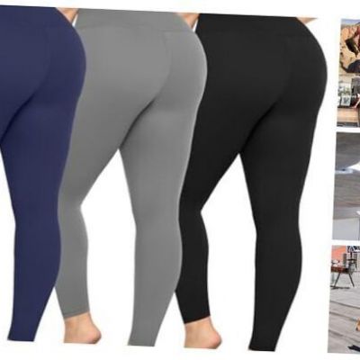 3 Pack Plus Size Leggings for Women -Stretchy X-Large XX-Large Black/Grey/Navy