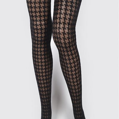 Black Stockings Houndstooth Pattern Fashion Premium Tights Ladies One Size
