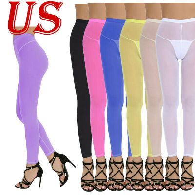 US Sexy Women Mesh See Through Leggings Rave Clubwear Transparent Footless Pants