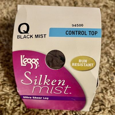 L'eggs Silken Mist Ultra Sheer Tights Control Top Run Resistant Sz Q Black Mist
