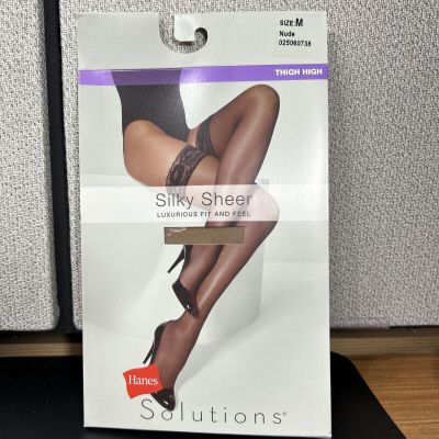Hanes Premium Silky Sheer Thigh High Medium Stockings Lace Band Nude Size Medium