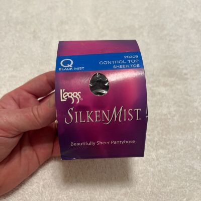 LEGGS SILKEN MIST CONTROL TOP PANTYHOSE SIZE Q  BLACK MIST SHEER TOE 20309 NOS