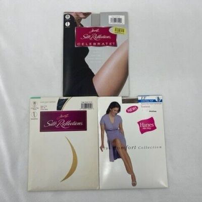 Lot of 3 Pairs of Hanes Pantyhose Size EF Navy Silver Almost There Control Top