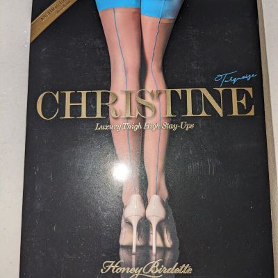 Honey Birdette Christine Turquoise Blue Stockings Thigh High Stay Ups size Small