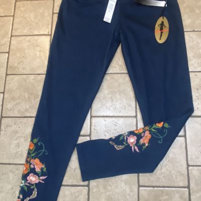 NWT ATHENA MARIE Women’s Small S Leggings Workout Pants Blue Flower Embroidery