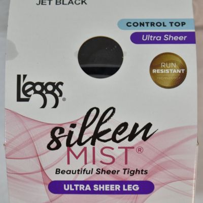 L'eggs Pantyhose Silken Mist Jet Black   Control Top  Size B   Run Resistant