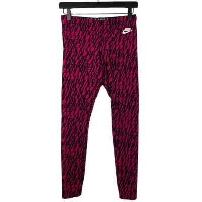 Nike Leggings Womens Medium Pink Black Logo All Over Print Gym Workout Casual
