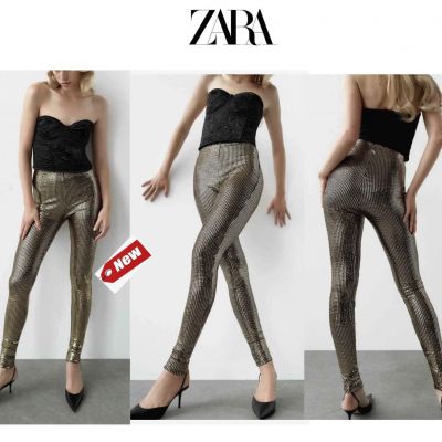 Zara Womens Leggings High Rise Sparkly Sequin Stretch Pull On Gold L NWT