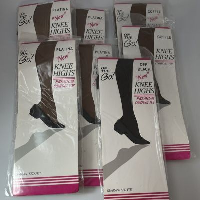 Lot of 7 On The Go! Comfort Top Knee Highs Pantyhose One Size Fits 8 1/2 - 11