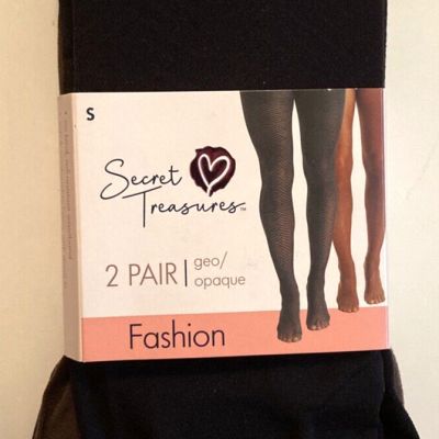 Secret Treasures 2 Pair Fashion Tights, 2 Colors. Geo/Opaque Size Small Textured