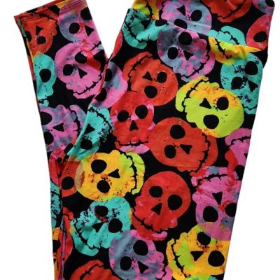 Lularoe Neon Skulls TC Leggings Halloween Day Dead Bright Colors Black NWOT!