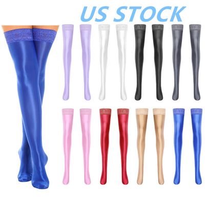 US Women's Oil Glossy Lace Trim Stockings Overknee Hold Up Thigh High Stockings