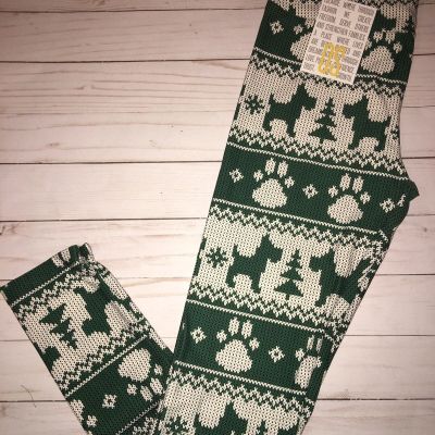 LuLaRoe OS Green Scottie Dog Paws Leggings Merry Bright Holiday 2018