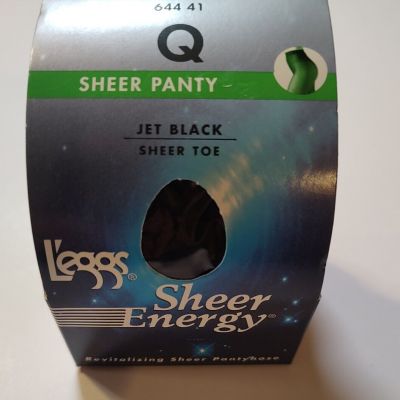NIP Leggs Sheer Energy, Sheer Pantyhose, size Q, Jet Black, Sheer Toe, 1 pair