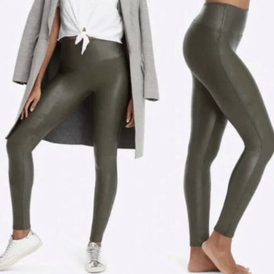 Auth SPANX Faux Leather Shiny LEGGINGS-#2437-Dark Olive-Size SMALL-VGUC!